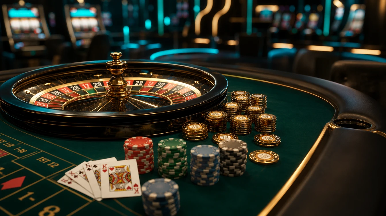 Online casino bonus konseptini temsil eden rulet masasi ve fisjler