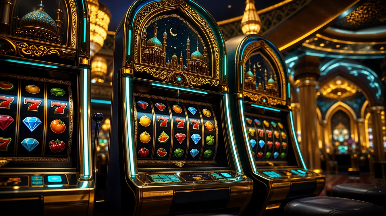 Çevrimiçi casino ortamında neon ışıklı modern slot makineleri