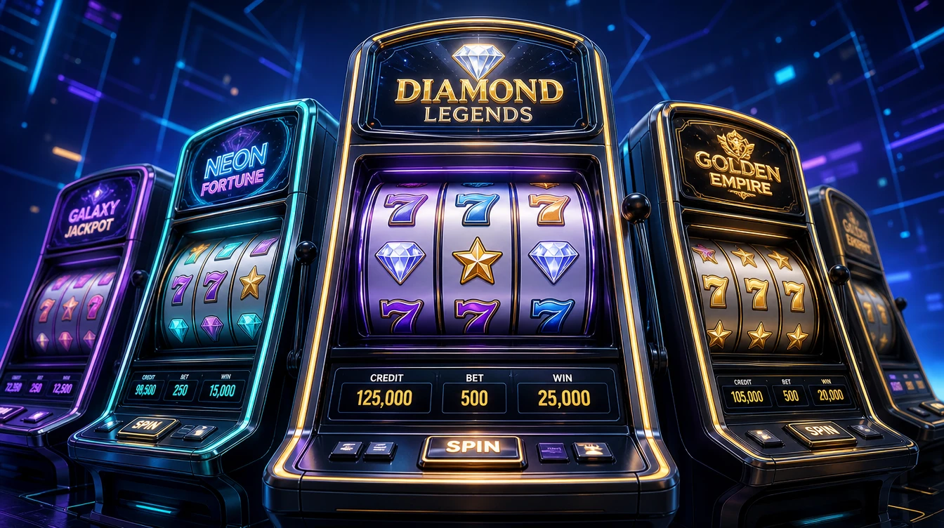 Online casino slot makineleri neon ışıklar altında dijital ekranda dönüyor