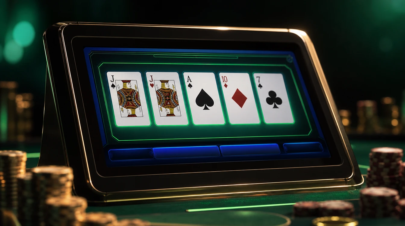Neon isikli bir video poker ekraninda kart dagitimi gosterilen cevrimici kumarhane ortami