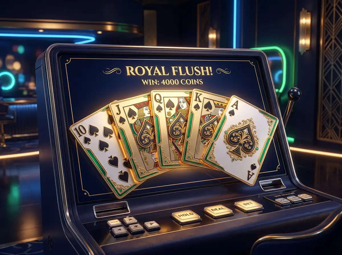 Escena de video poker en linea con cartas desplegadas en un entorno de casino digital