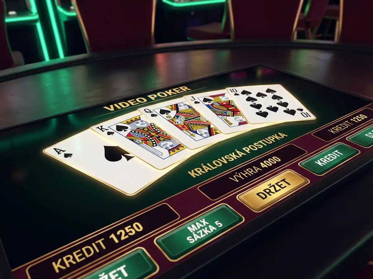 Obrazovka video pokeru s peti kartami a neonovym osvetlenim hernich automatu v pozadi
