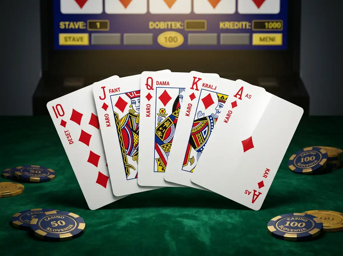 Patkarova pokerova ruka s vysokymi kartami zobrazena na obrazovke herneho automatu v online kasine