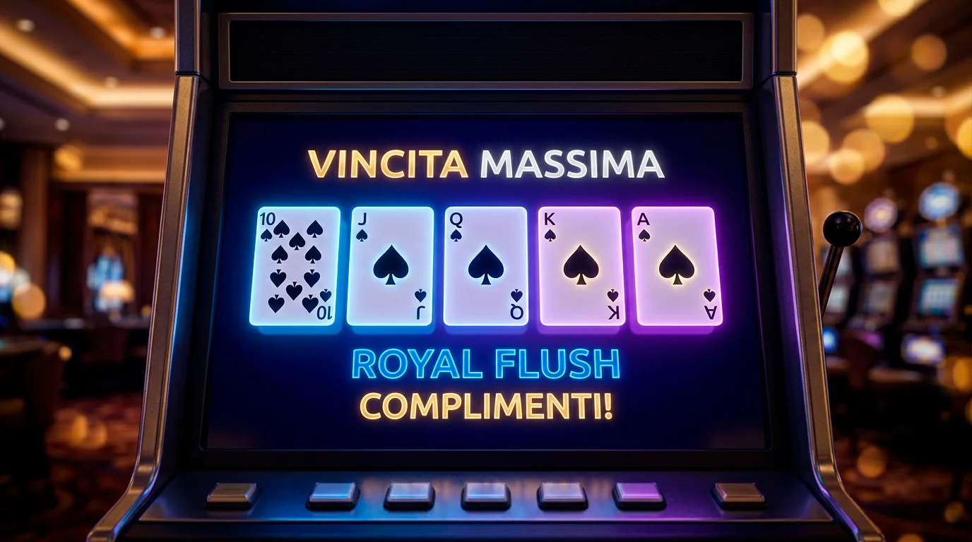 Schermo di video poker con carte illuminate su sfondo scuro da sala da gioco