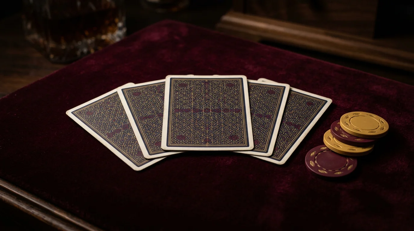 Ecra de maquina de video poker com cinco cartas iluminadas por luz neon sobre fundo escuro de casino