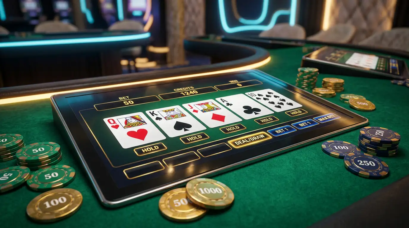 Videopoker speeltafel met kaarten en chips in een online casino omgeving
