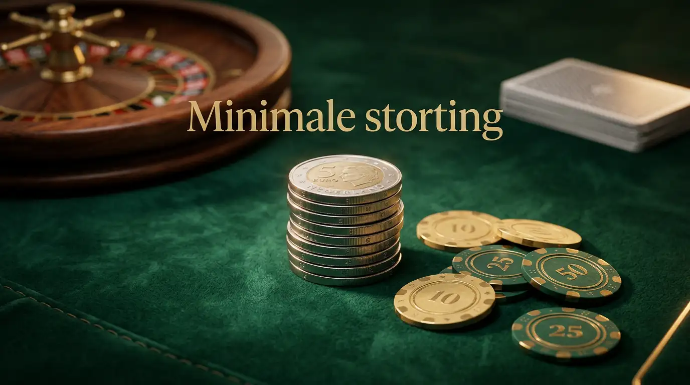 Gestapelde euromunten van vijf euro op een groene speeltafel met casinofiches op de achtergrond