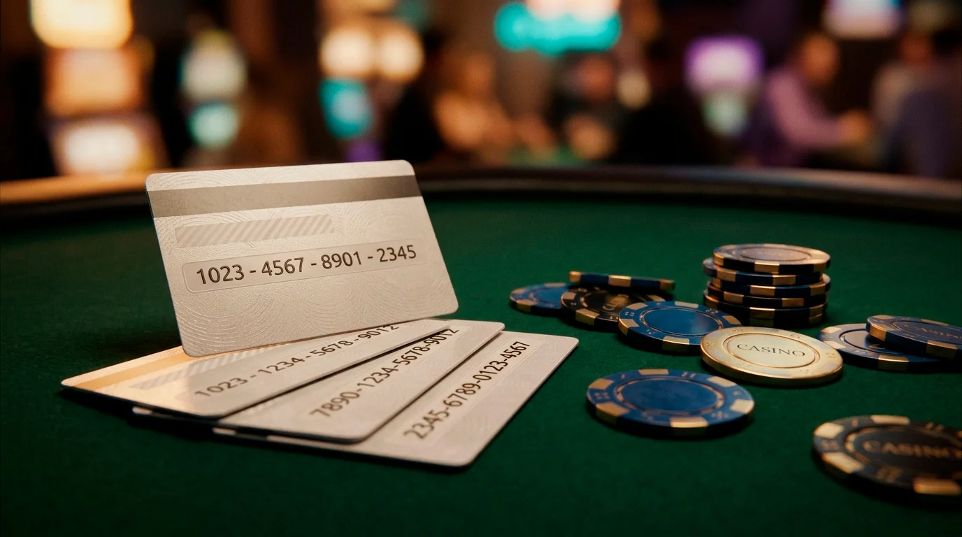 Voucher prepagato Paysafecard accanto a fiches da casino su un tavolo da gioco illuminato da luci al neon
