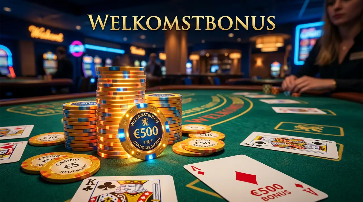 Sfeervolle casinoscene met gouden fiches en speelkaarten op een elegant speeltafel in Nederlandse kleuren