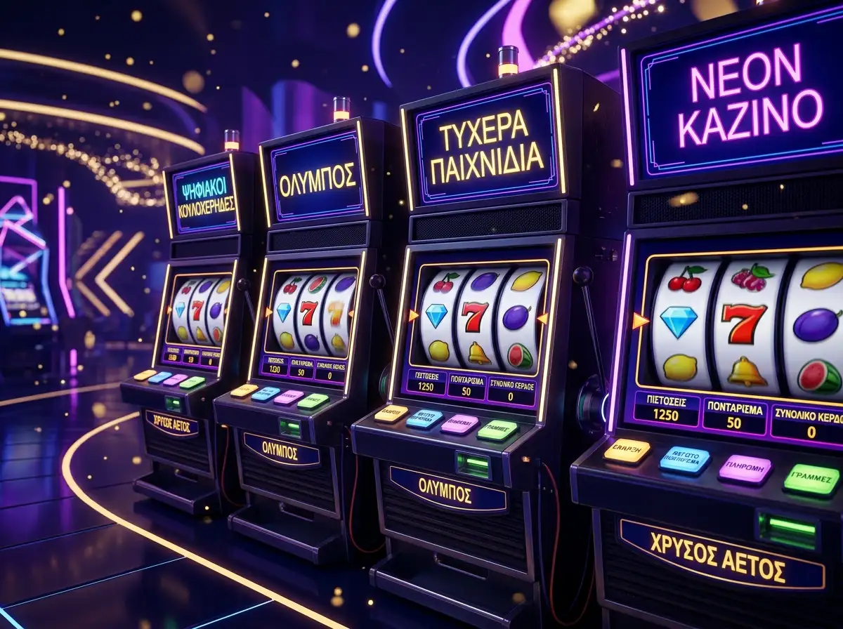 Φωτεινοί τροχοί διαδικτυακών κουλοχέρηδων με σύμβολα φρούτων και επτάρια σε ψηφιακή πλατφόρμα τυχερών παιχνιδιών